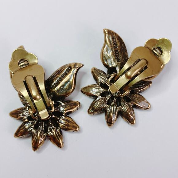 Signed Heidi Daus Pink Swarovski Crystal & Faux Amber Floral Clip On Earrings - Picture 10 of 12